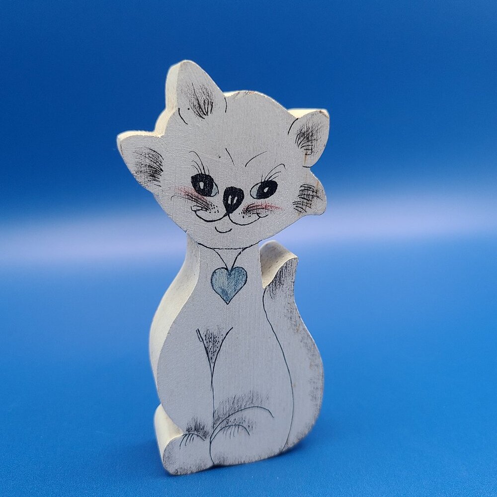 BUNDLE ADD-ON Wooden White Hand Painted Signed Cat Figurine Kitsch 4" High